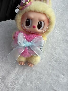 Pop Mart Labubu  in Yellow and Pink with Blue Bow and Crown, and ring attached